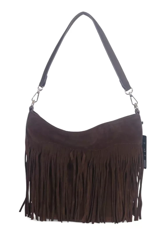 Torebka damska Flora&amp;Co – czekoladowa zamszowa listonoszka worek z frędzlami