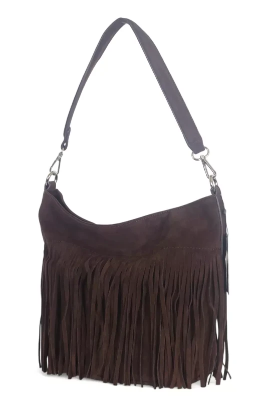 Torebka damska Flora&amp;Co – czekoladowa zamszowa listonoszka worek z frędzlami