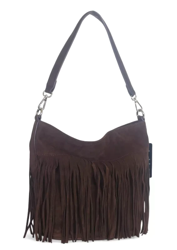 Torebka damska Flora&amp;Co – czekoladowa zamszowa listonoszka worek z frędzlami