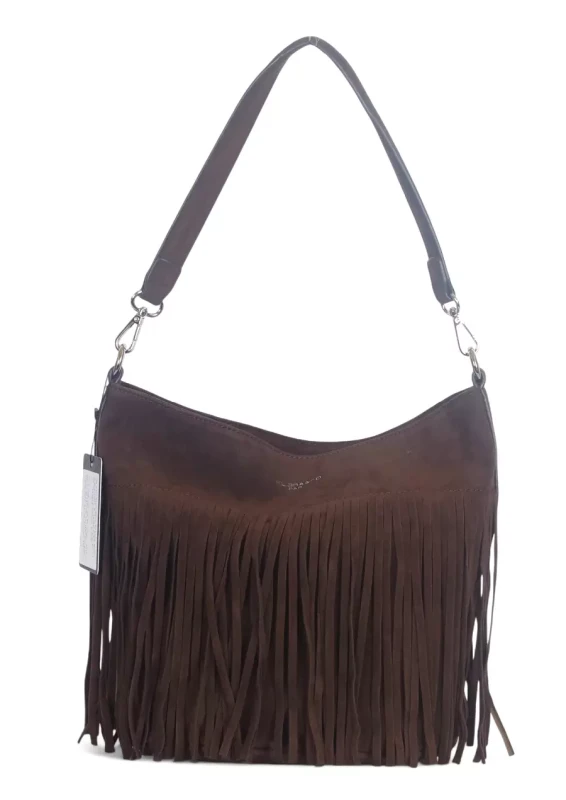 Torebka damska Flora&amp;Co – czekoladowa zamszowa listonoszka worek z frędzlami