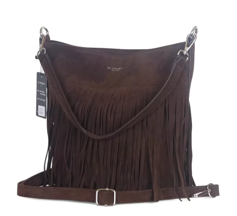Torebka damska Flora&amp;Co – czekoladowa zamszowa listonoszka worek z frędzlami