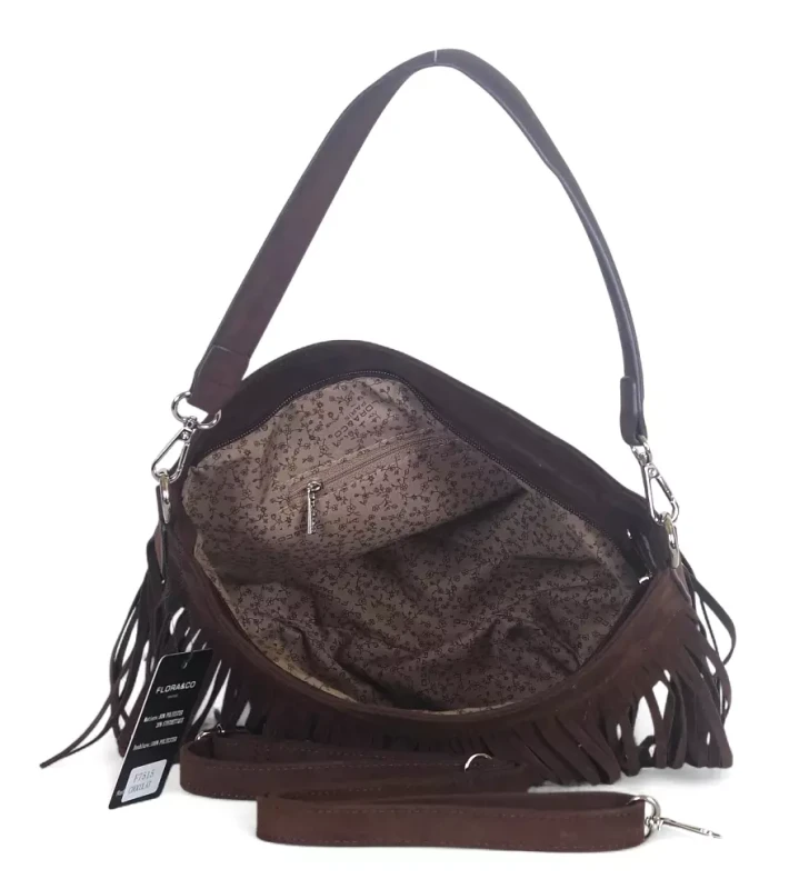 Torebka damska Flora&amp;Co – czekoladowa zamszowa listonoszka worek z frędzlami