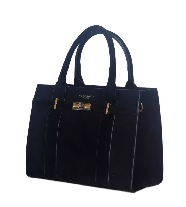 Torebka damska Flora&amp;Co – czarny zamszowy kuferek z paskiem