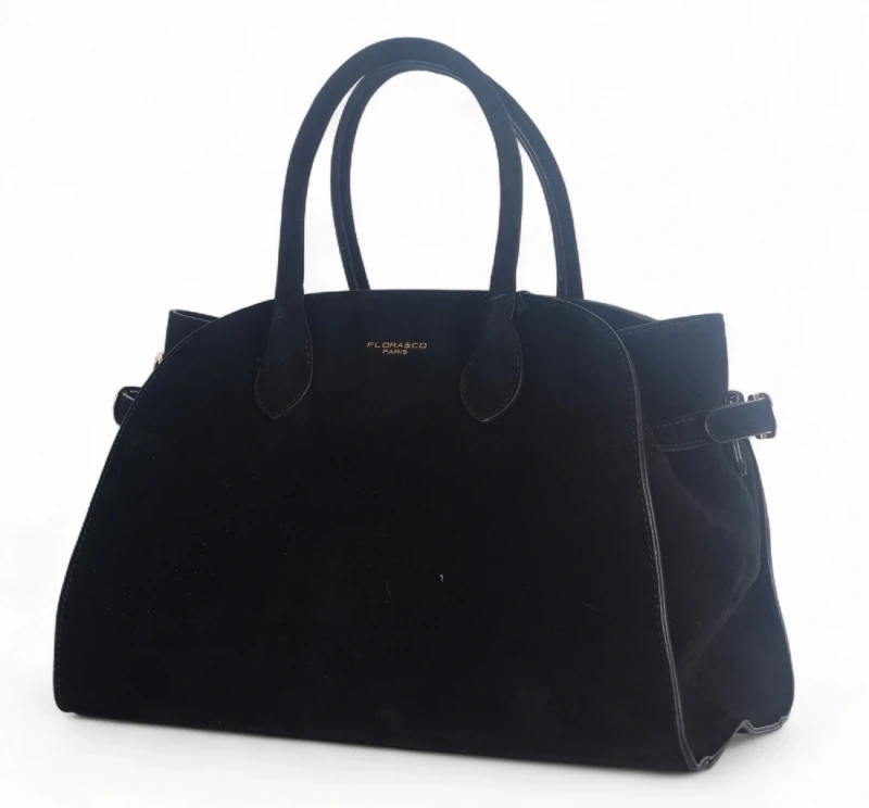 Elegancka torebka Flora&amp;Co Paris – duża czarna torba z zamszu ekologicznego na ramię i do ręki