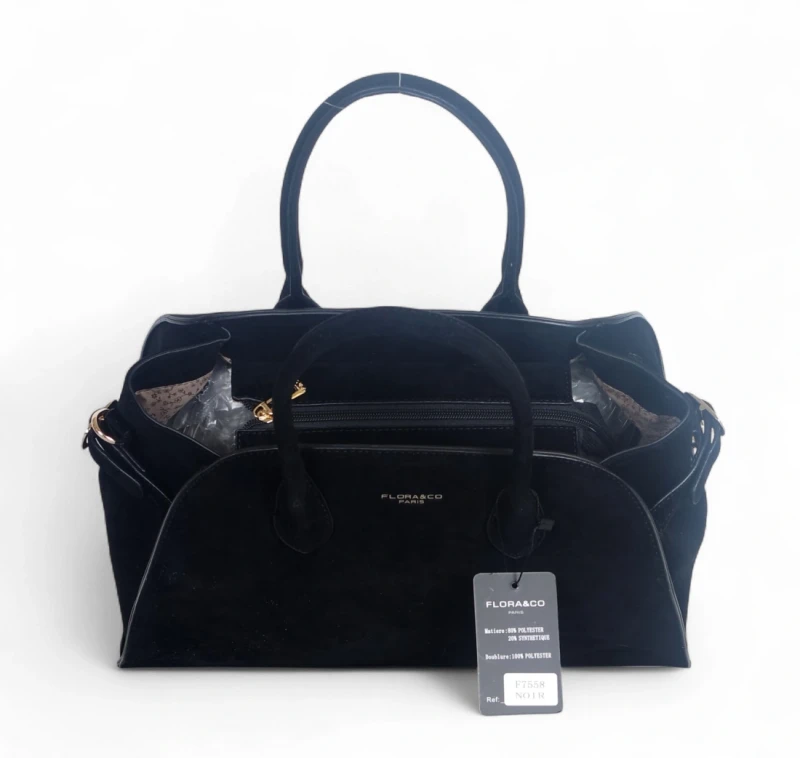 Elegancka torebka Flora&amp;Co Paris – duża czarna torba z zamszu ekologicznego na ramię i do ręki