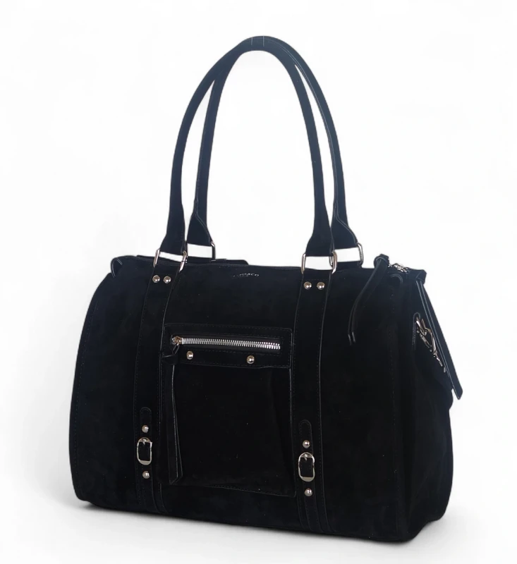 Duża torebka Flora&amp;Co Paris – czarny shopper bag z zamszu ekologicznego, mieszcząca A4