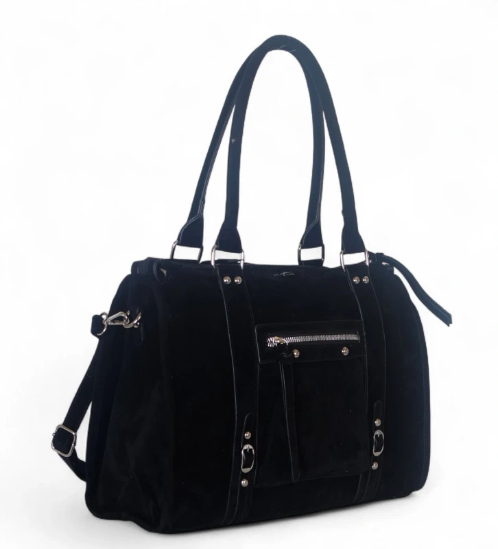 Duża torebka Flora&amp;Co Paris – czarny shopper bag z zamszu ekologicznego, mieszcząca A4