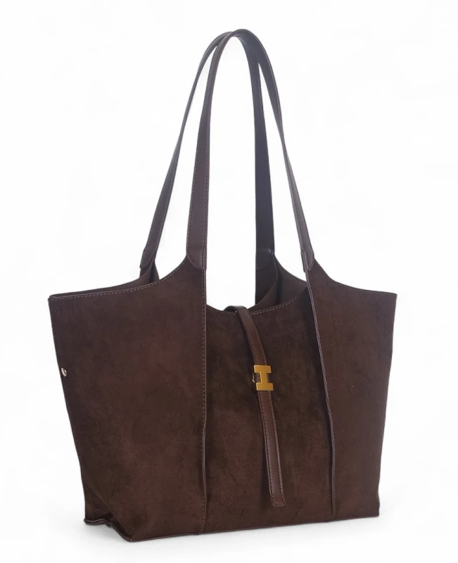 Torebka zamszowa Gallantry Paris – elegancki shopper bag z kosmetyczką i złotymi okuciami