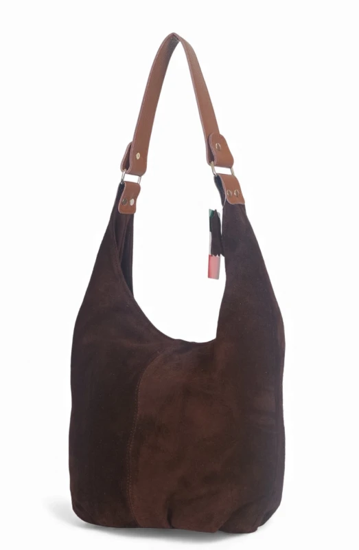 VERA PELLE Włoska zamszowa brązowa torebka worek Skóra naturalna