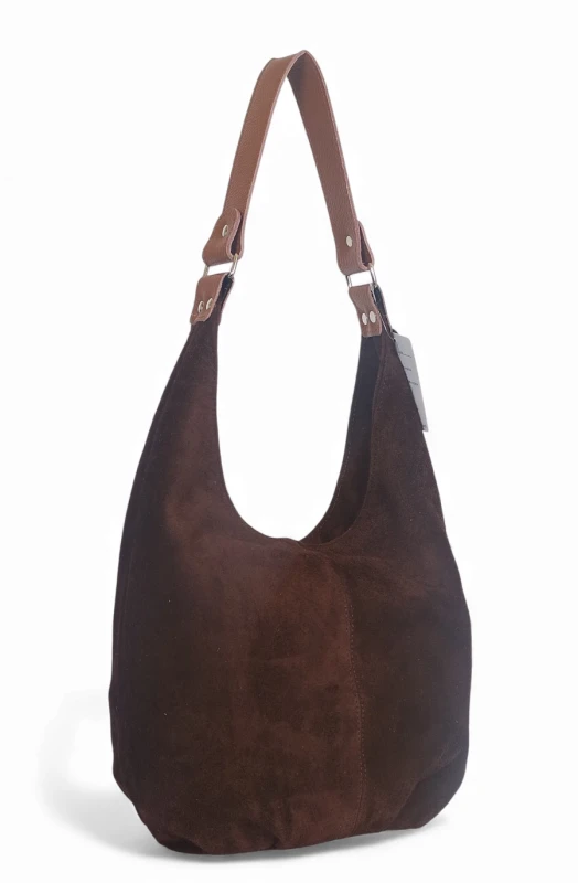 VERA PELLE Włoska zamszowa brązowa torebka worek Skóra naturalna