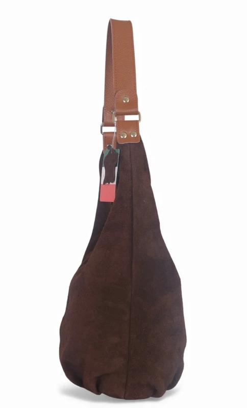 VERA PELLE Włoska zamszowa brązowa torebka worek Skóra naturalna