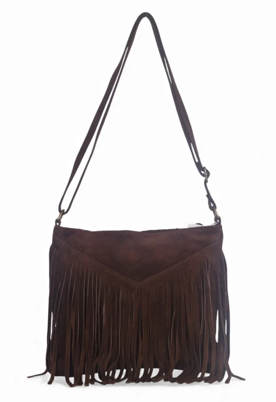Vera Pelle Zamszowa czekladowa torebka listonoszka z frędzlami