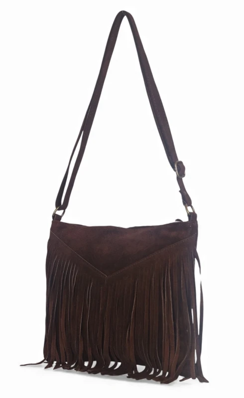 Vera Pelle Zamszowa czekladowa torebka listonoszka z frędzlami