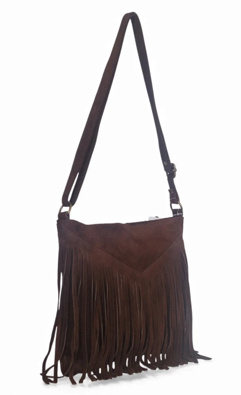 Vera Pelle Zamszowa czekladowa torebka listonoszka z frędzlami