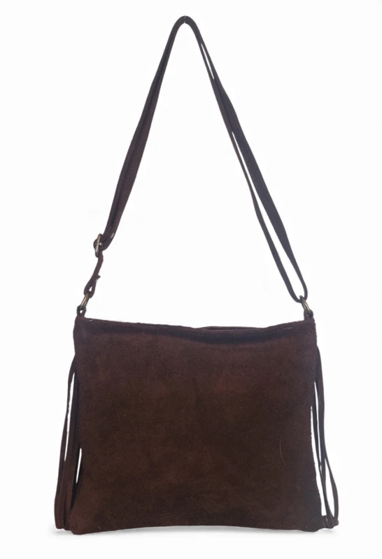 Vera Pelle Zamszowa czekladowa torebka listonoszka z frędzlami