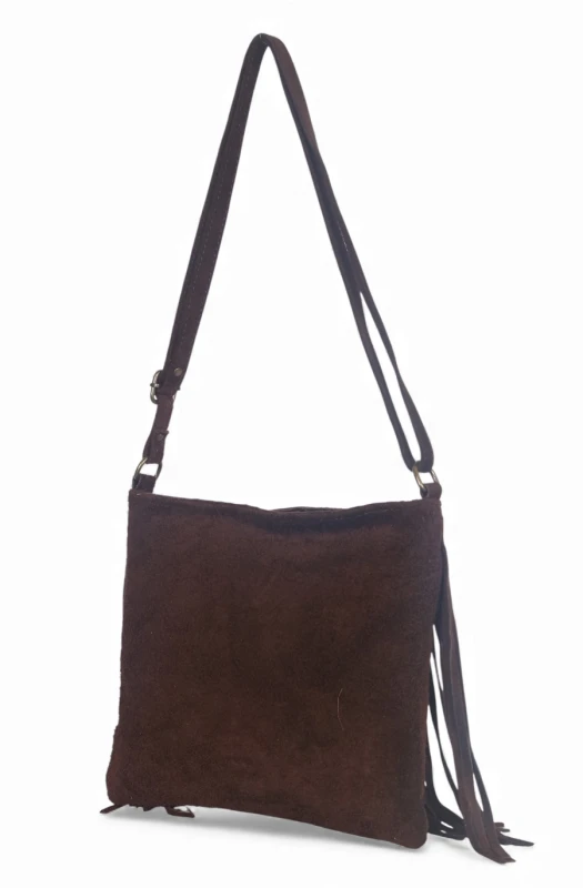 Vera Pelle Zamszowa czekladowa torebka listonoszka z frędzlami