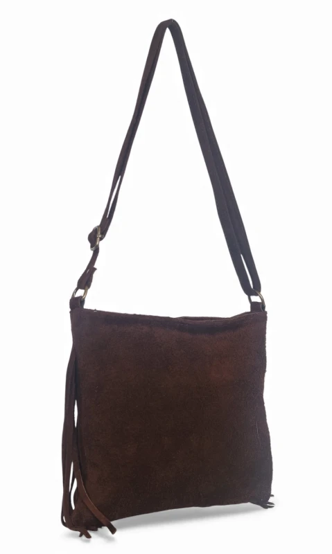 Vera Pelle Zamszowa czekladowa torebka listonoszka z frędzlami