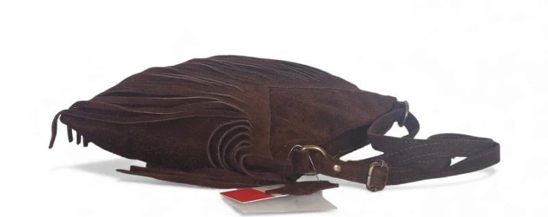 Vera Pelle Zamszowa czekladowa torebka listonoszka z frędzlami