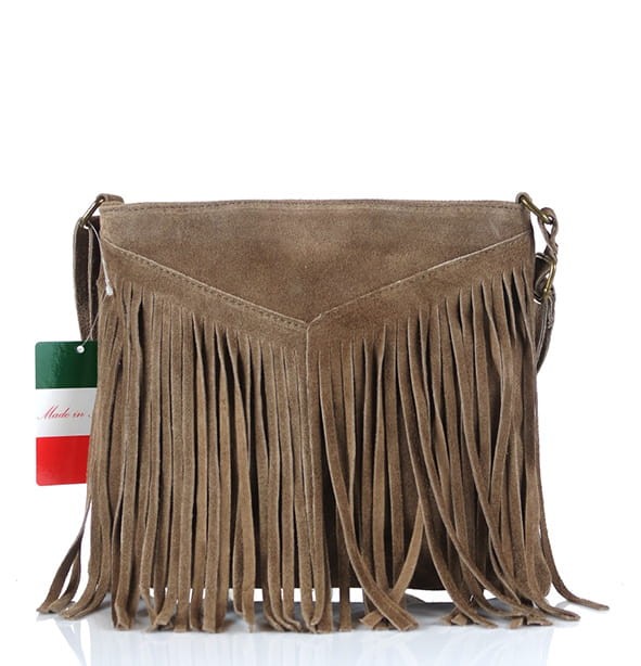 Zamszowa torebka FRĘDZLE KHAKI