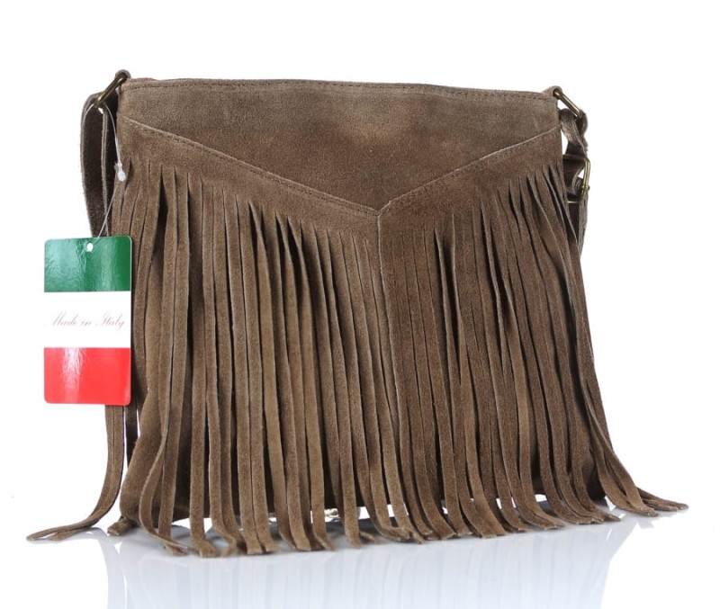 Zamszowa torebka FRĘDZLE KHAKI