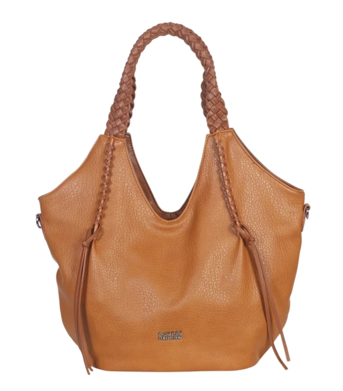 Coveri Italy torebka damska z plecionymi rączkami i frędzlami – z długim paskiem