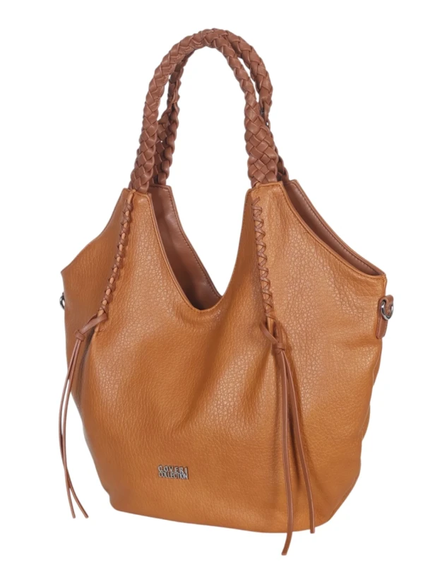 Coveri Italy torebka damska z plecionymi rączkami i frędzlami – z długim paskiem