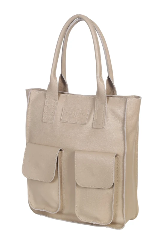 VERA PELLE Włoski skórzany shopper bag | Beżowy | Pojemny