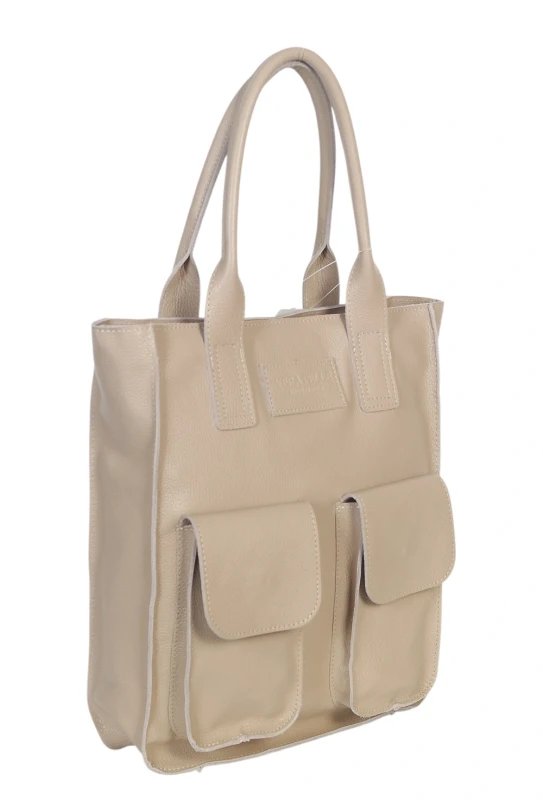 VERA PELLE Włoski skórzany shopper bag | Beżowy | Pojemny