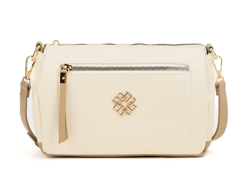 Mała Beżowa Torebka Listonoszka Damska MONNARI z Brązowymi Wstawkami