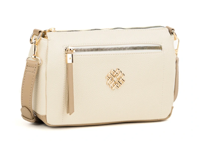 Mała Beżowa Torebka Listonoszka Damska MONNARI z Brązowymi Wstawkami