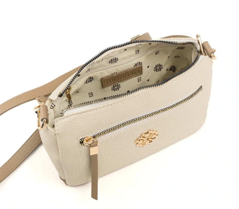 Mała Beżowa Torebka Listonoszka Damska MONNARI z Brązowymi Wstawkami