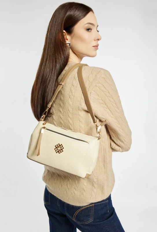 Mała Beżowa Torebka Listonoszka Damska MONNARI z Brązowymi Wstawkami