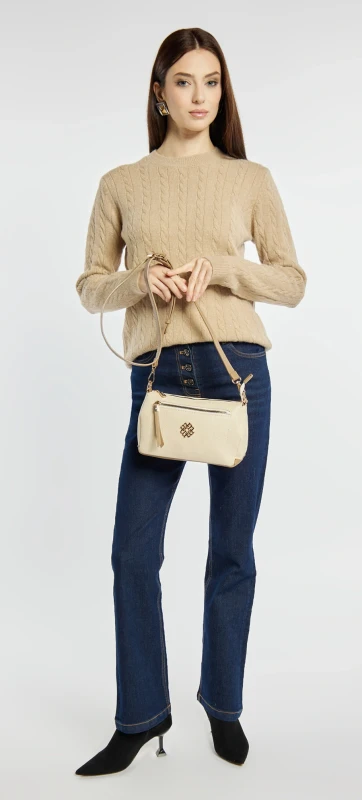 Mała Beżowa Torebka Listonoszka Damska MONNARI z Brązowymi Wstawkami