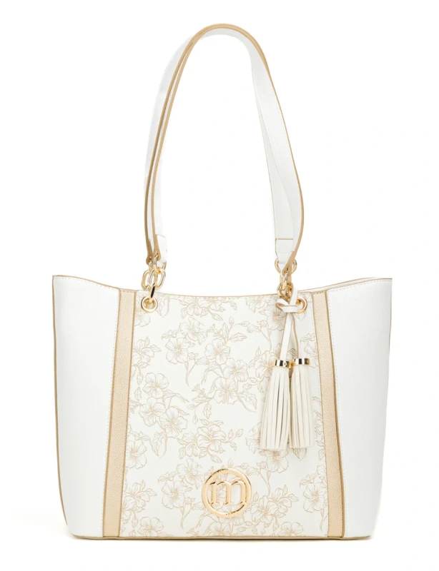 Elegancka Torebka Shopper MONNARI Premium – Biała w Kwiaty z Frędzlami
