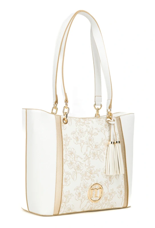 Elegancka Torebka Shopper MONNARI Premium – Biała w Kwiaty z Frędzlami