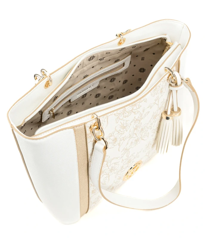 Elegancka Torebka Shopper MONNARI Premium – Biała w Kwiaty z Frędzlami