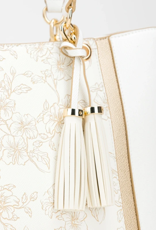 Elegancka Torebka Shopper MONNARI Premium – Biała w Kwiaty z Frędzlami