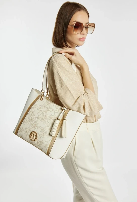 Elegancka Torebka Shopper MONNARI Premium – Biała w Kwiaty z Frędzlami