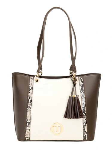 Torebka Shopper MONNARI Premium Czekoladowa z Beżem i Wzorem Węża