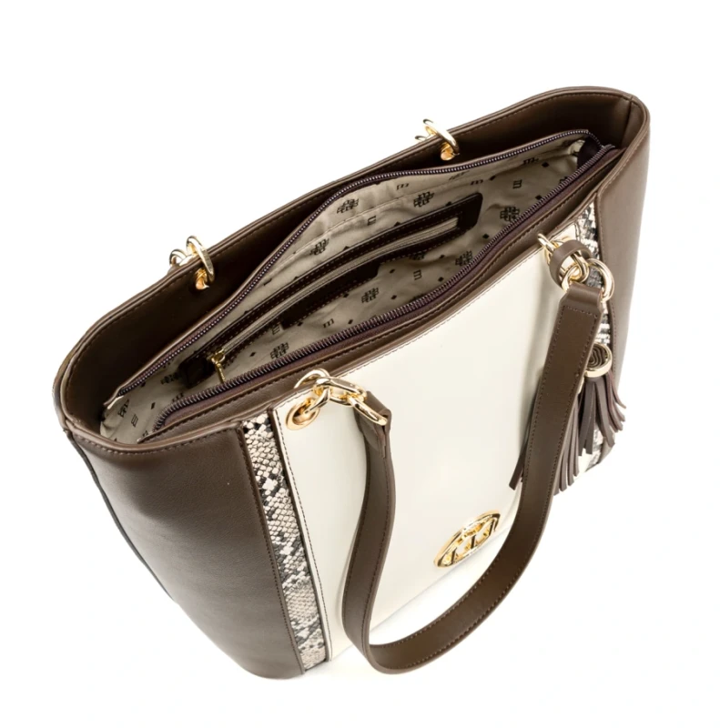 Torebka Shopper MONNARI Premium Czekoladowa z Beżem i Wzorem Węża