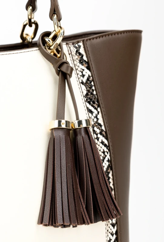 Torebka Shopper MONNARI Premium Czekoladowa z Beżem i Wzorem Węża