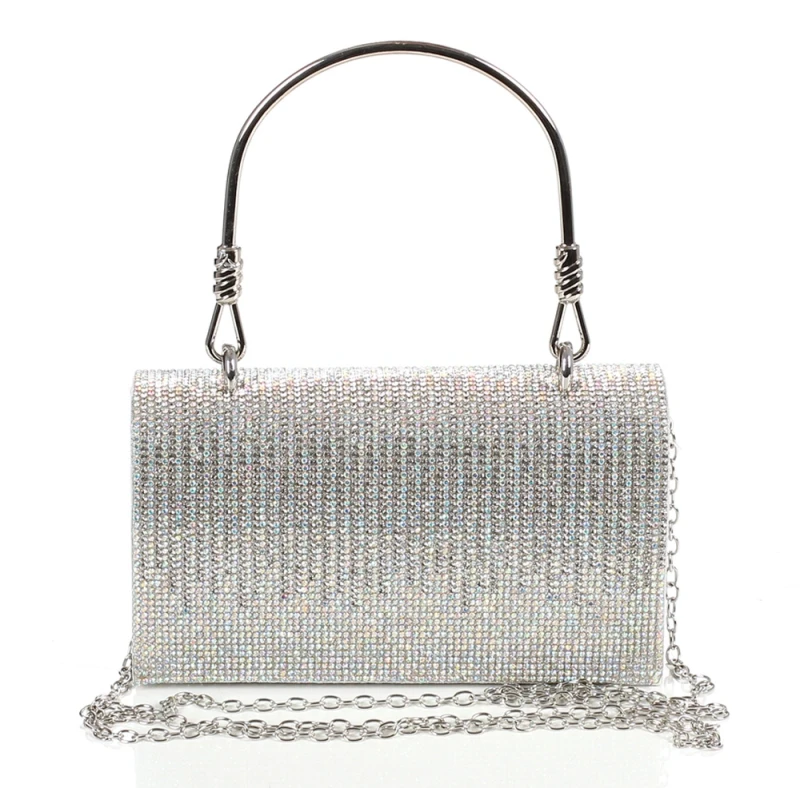 Gallantry Paris Srebrna Torebka Wieczorowa Kopertówka z Cyrkoniami – Puzderko na Łańcuszku