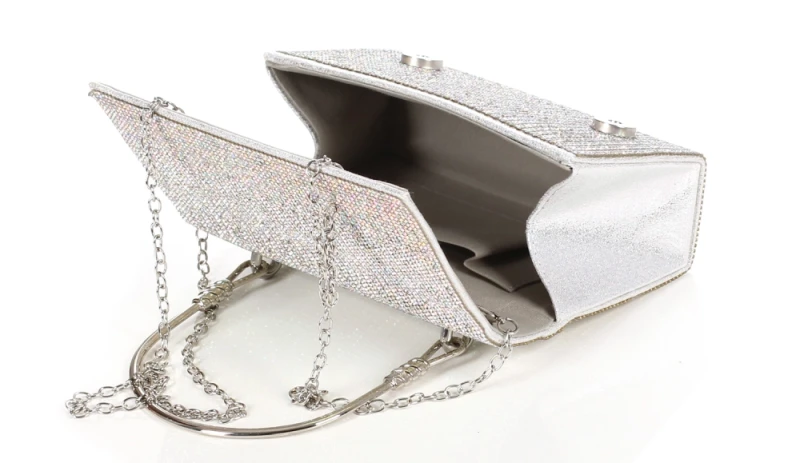 Gallantry Paris Srebrna Torebka Wieczorowa Kopertówka z Cyrkoniami – Puzderko na Łańcuszku