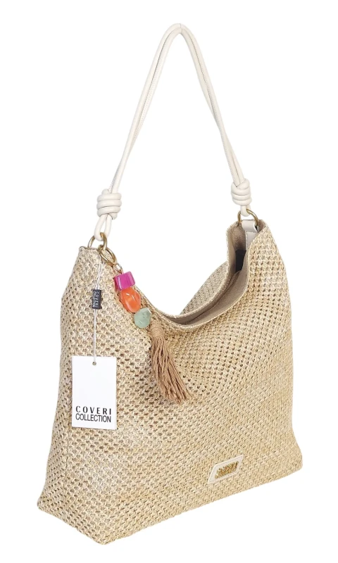 Pleciona torebka damska worek Coveri Italy – Stylowy shopper z brelokiem