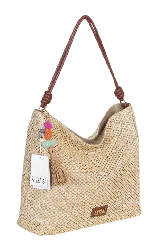 Pleciona torebka damska worek Coveri Italy – Stylowy shopper z brelokiem