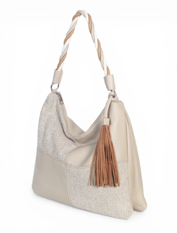 Torebka damska worek Max Fly Italy – plecionka z lnem i skręcana rączka