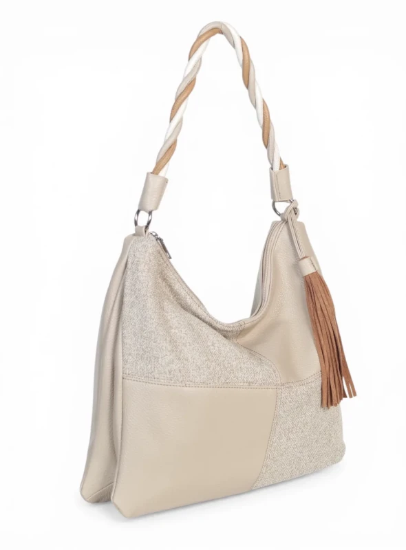 Torebka damska worek Max Fly Italy – plecionka z lnem i skręcana rączka