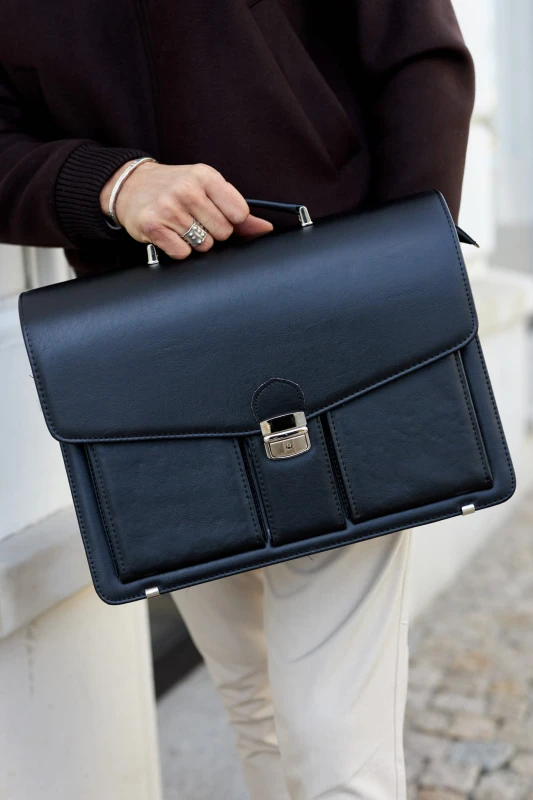 Duża Aktówka Męska Skórzana Tizano T02 – Czarna Torba na Dokumenty A4 i Laptopa