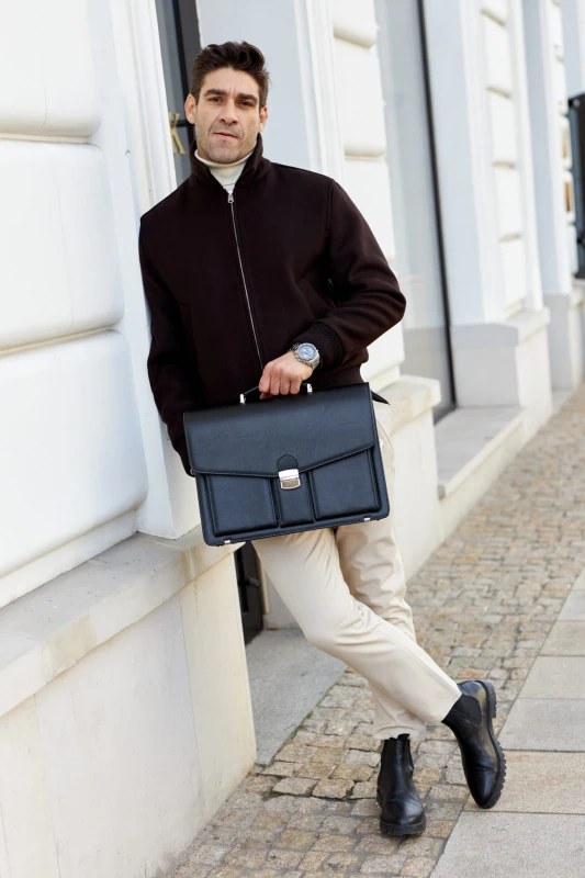 Duża Aktówka Męska Skórzana Tizano T02 – Czarna Torba na Dokumenty A4 i Laptopa