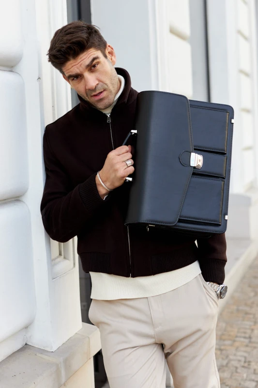 Duża Aktówka Męska Skórzana Tizano T02 – Czarna Torba na Dokumenty A4 i Laptopa